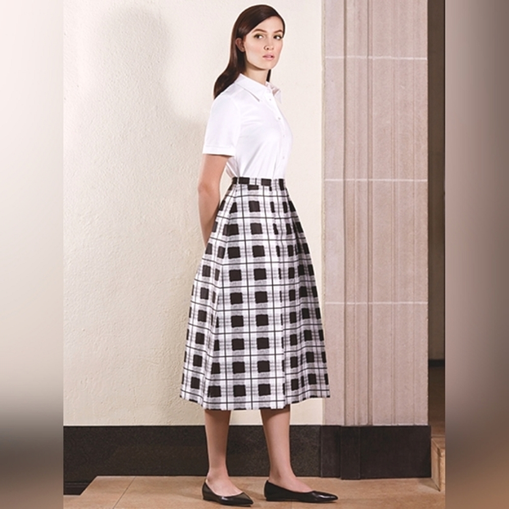 Lord & Taylor 424 Fifth midi long skirt white black plaid bold cotton pockets 2